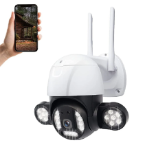 WiFi PTZ lauko kamera su galingu LED apšvietimu (2K vaizdas + 360° valdymas)