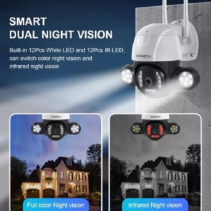 WiFi PTZ lauko kamera su galingu LED apšvietimu (2K vaizdas + 360° valdymas)