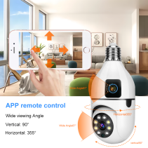 WiFi lemputės tipo PTZ kamera su dvigubu objektyvu ir 360° stebėjimu