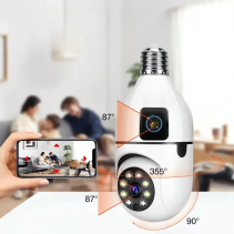 WiFi lemputės tipo PTZ kamera su dvigubu objektyvu ir 360° stebėjimu